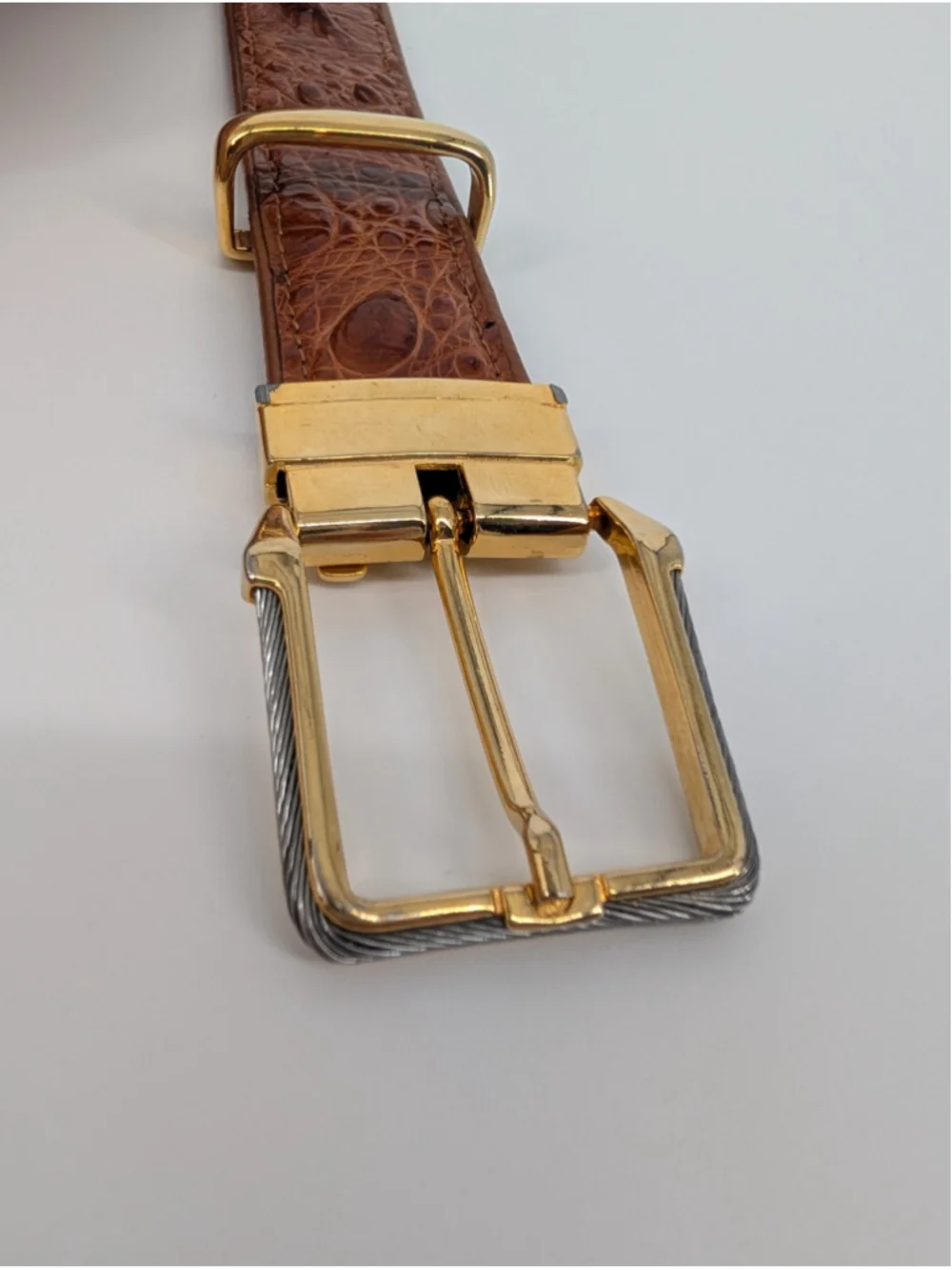 Vintage Brown Croc Embossed Leather Belt Gold Silver Cable Buckle 90s Western
